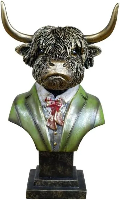 Sculpture, Highland Cow Gentleman Bust – Bronze Effect Sculpture with Green Jacket and Bow Tie - 25 cm - Resin, Bronze