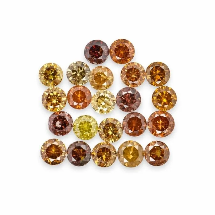 22 pcs Diamond (Natural coloured) - 1.03 ct - Round - Fancy, Fancy deep Brownish, Yellowish, Orangy Mixed colours, Yellow, Orange - I1, I3 - Gem Report Antwerp (GRA)