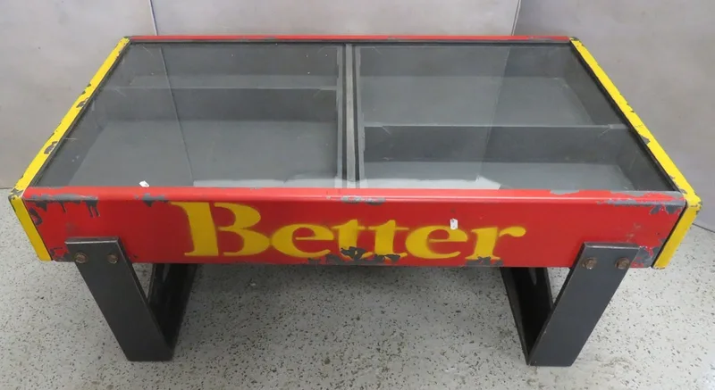 Vintage Upcycled Industrial Coffee Table, glass top, red/yellow sides, pull out drawers approx.